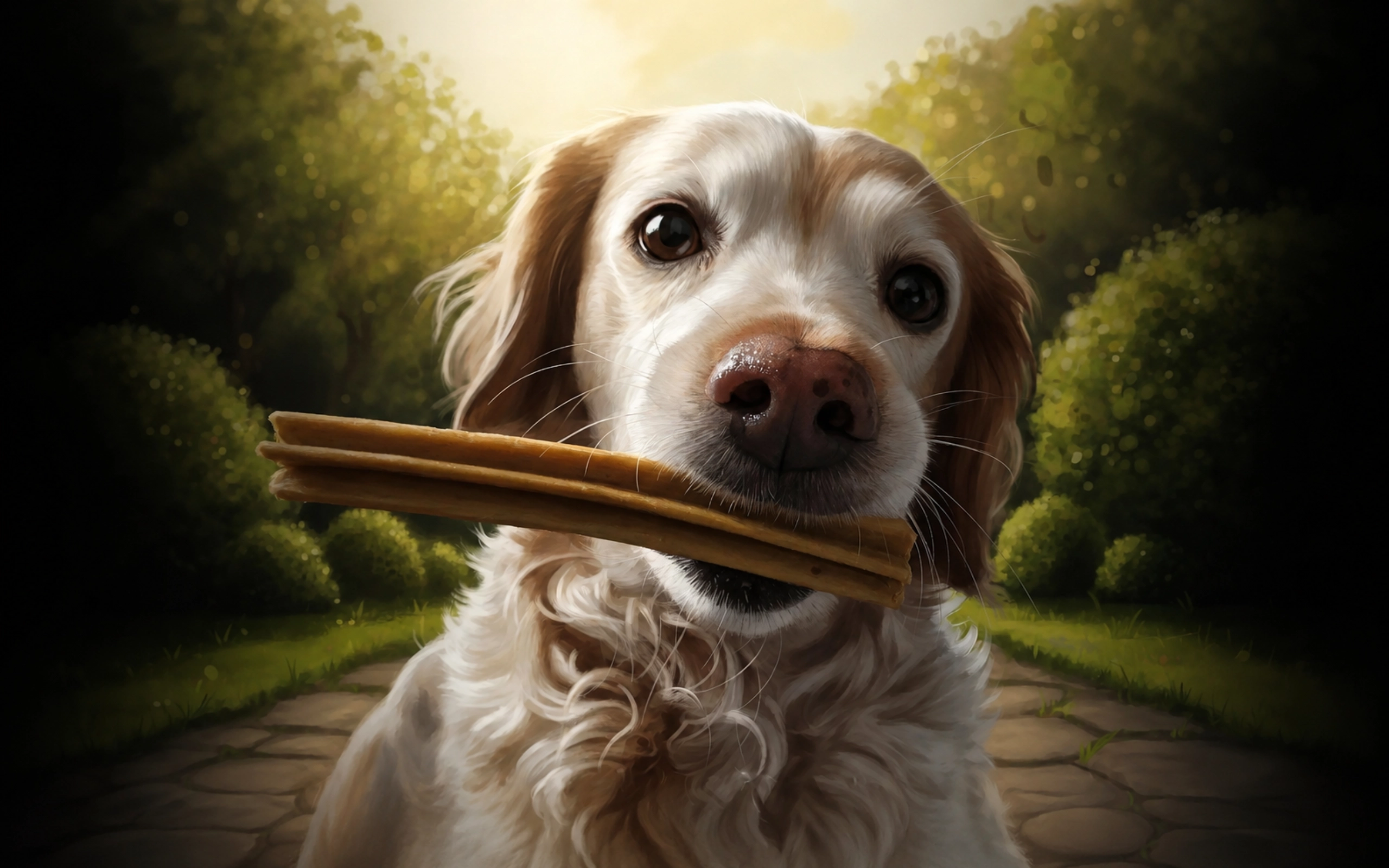 Hope in golden light, carrying a stick through the trees