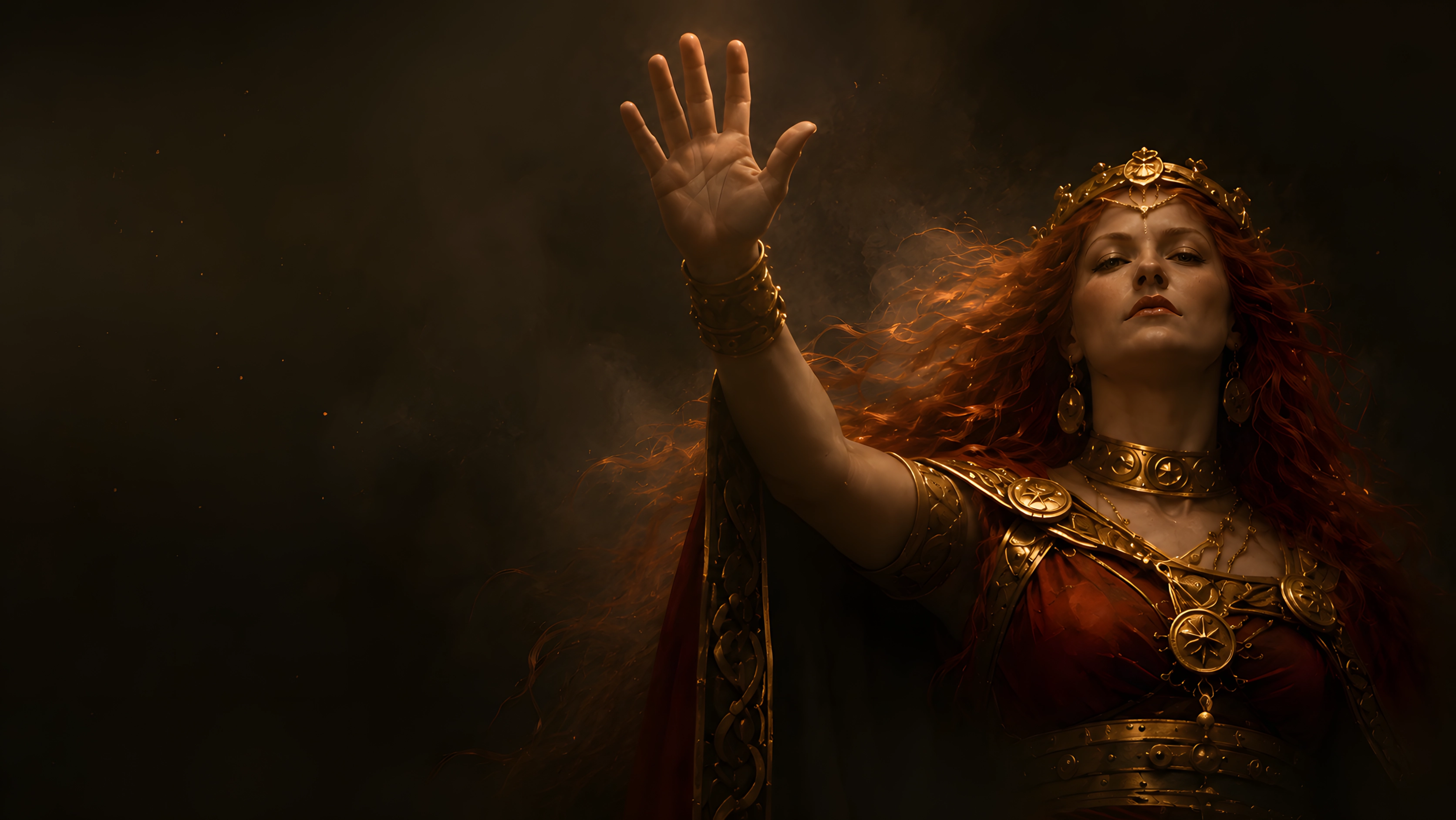 A sovereign presence emerging from museum darkness