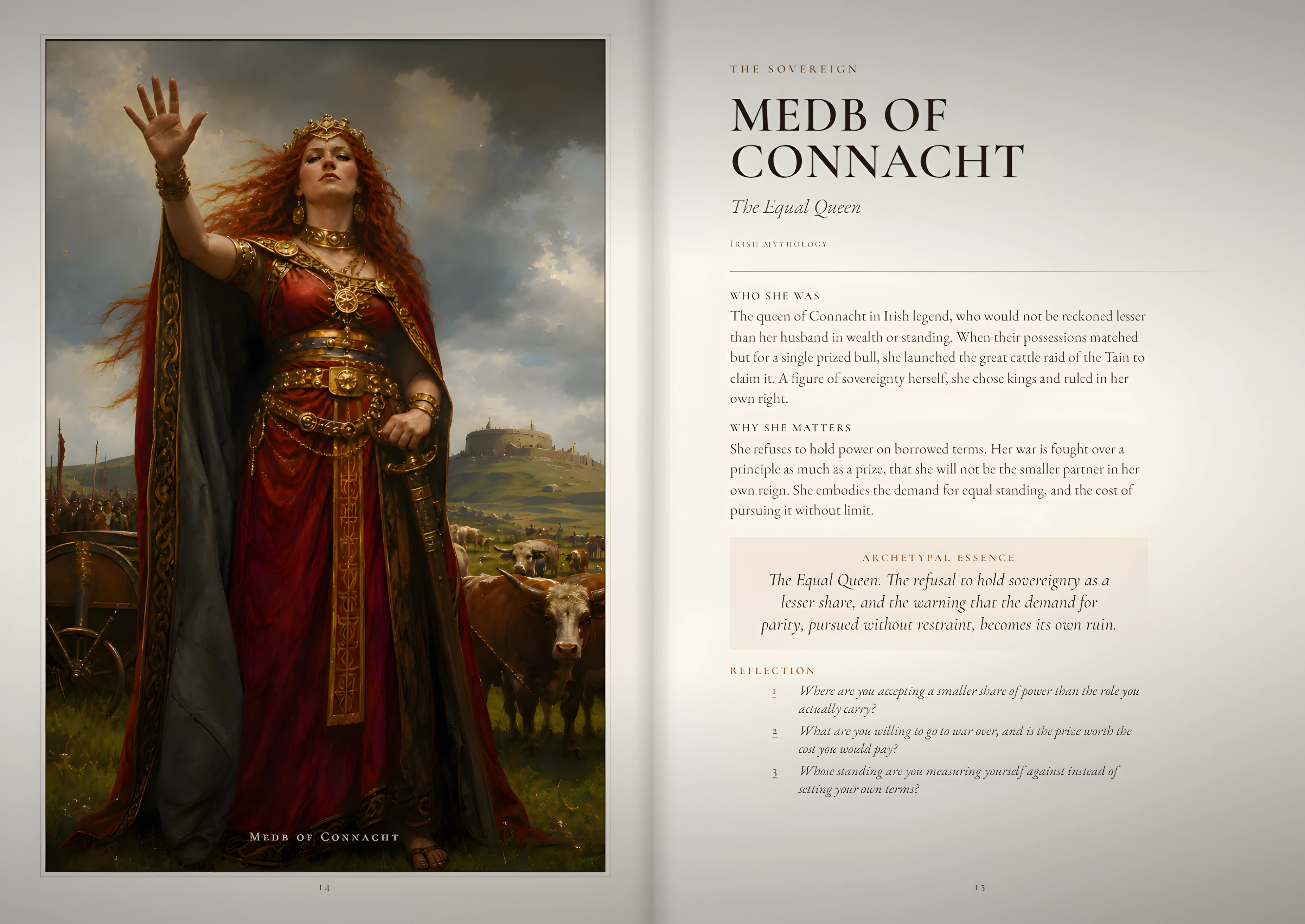 A spread from Mirrors of Power, a full-body portrait beside its reflection text