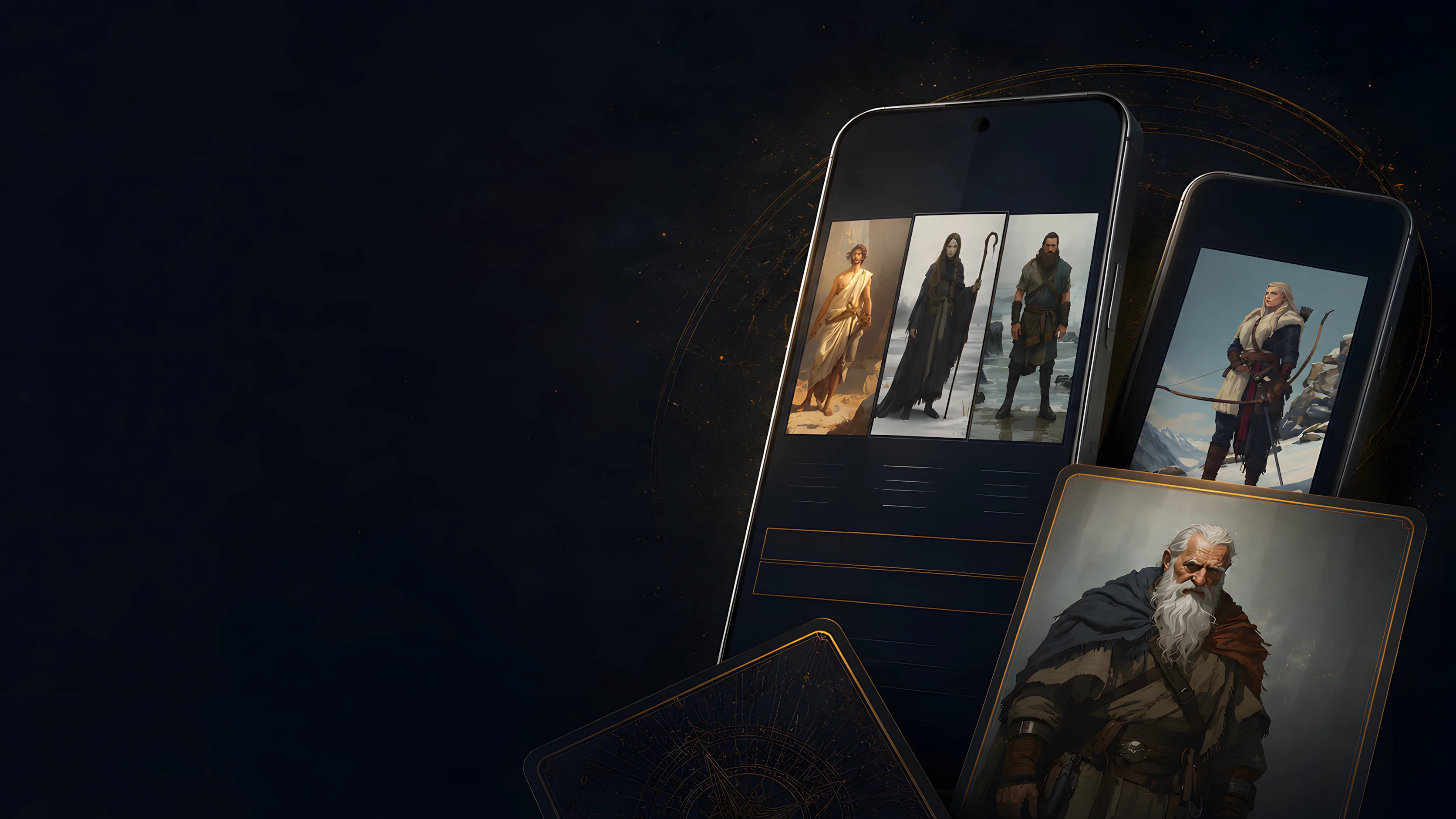 The Quiet Gods interactive oracle deck shown across phone screens, with the deck's cards fanned out in darkness