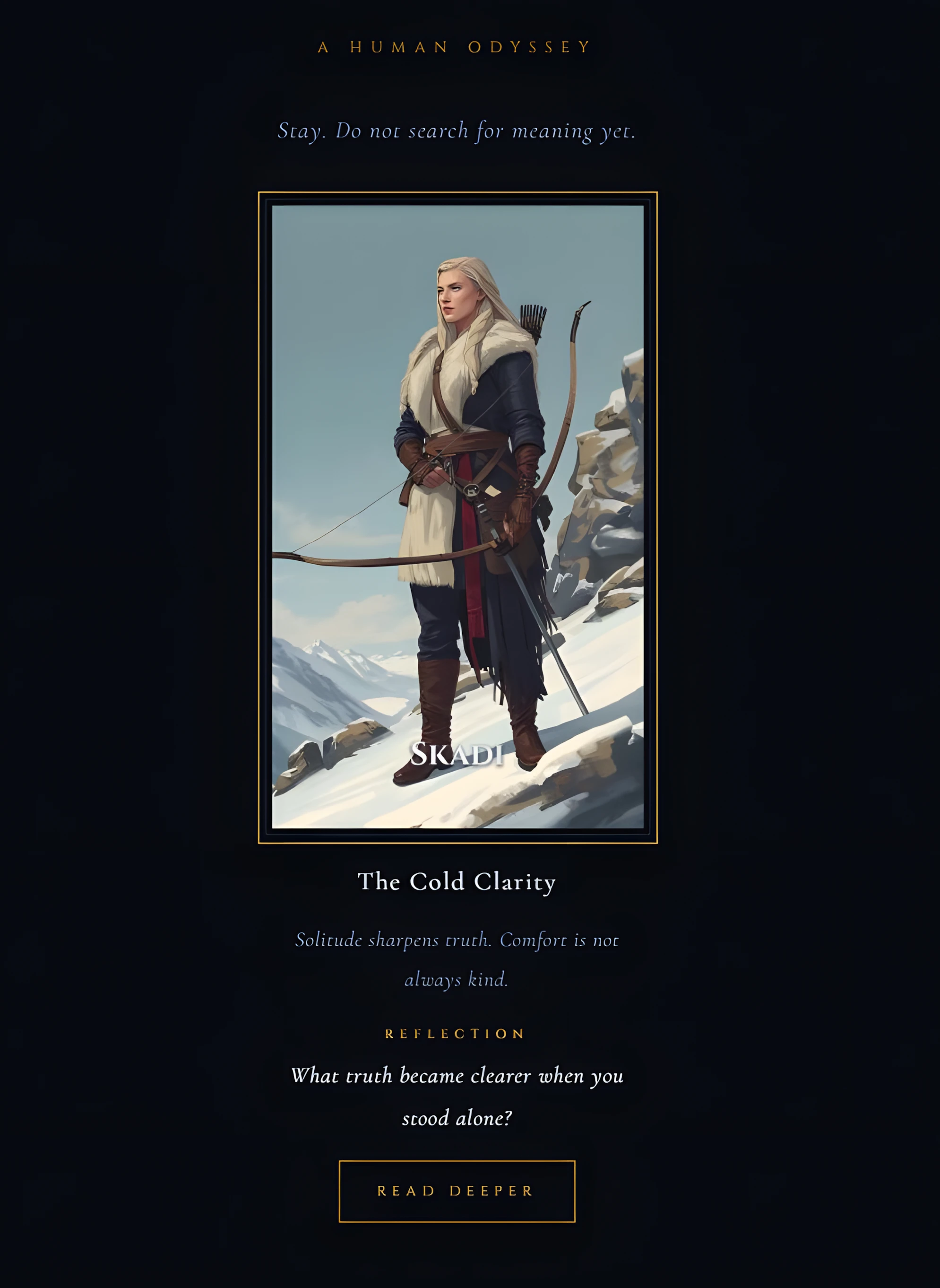 A single revealed presence, Skadi, with its title, reflection, and Read Deeper option