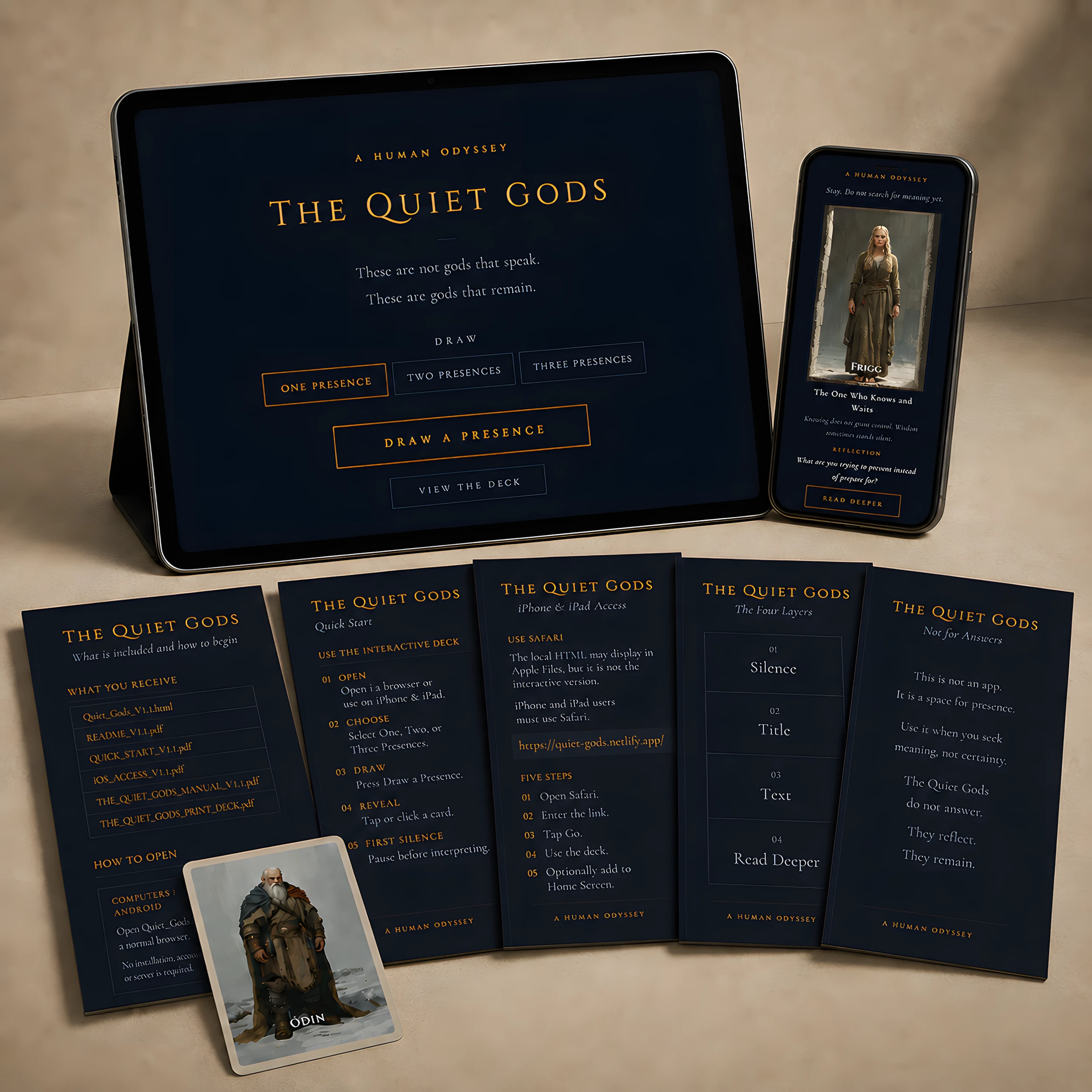 The Quiet Gods package, the interactive deck and its companion documents