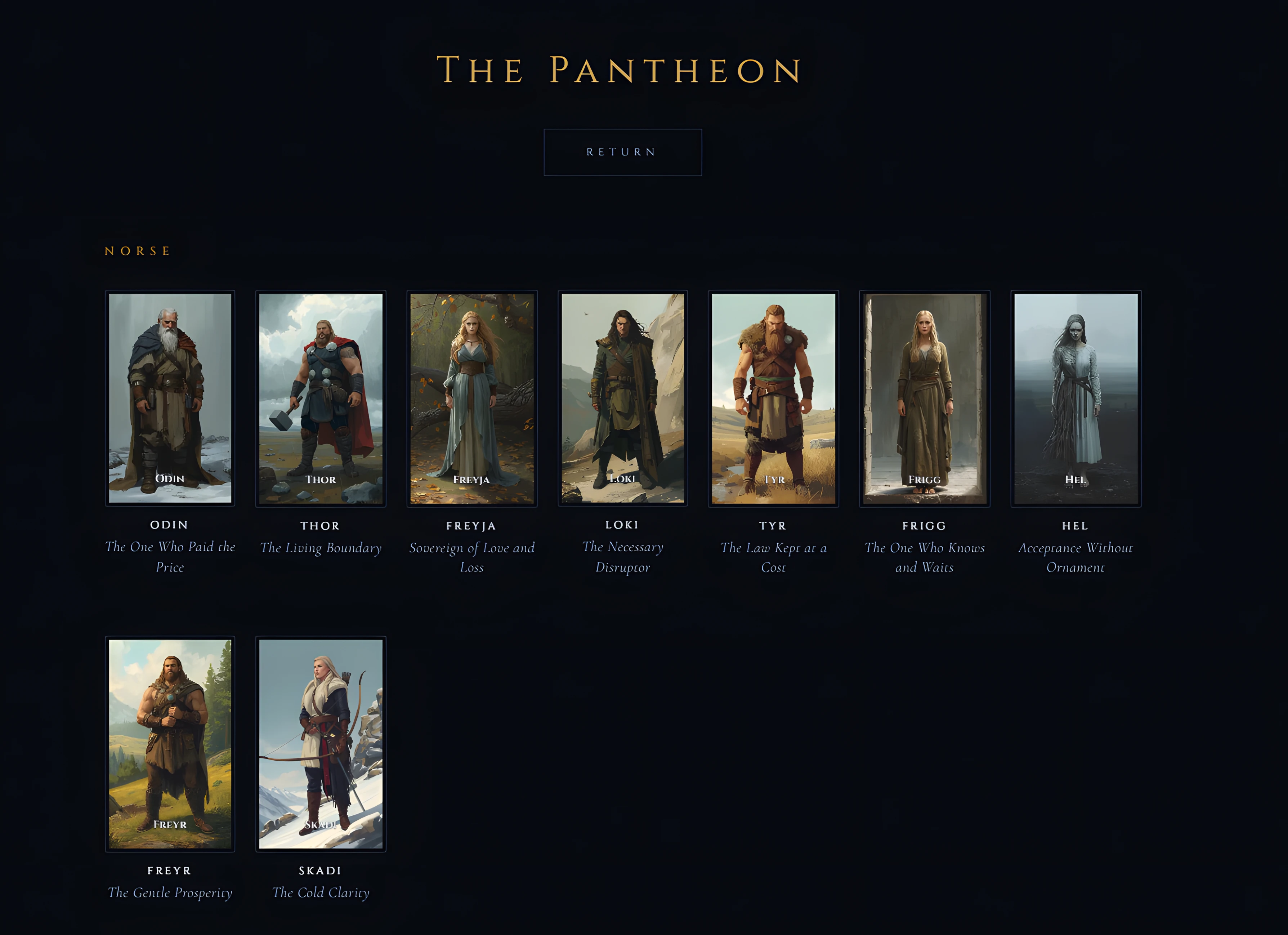 The Pantheon, the deck's full internal gallery, showing the Norse figures grouped together