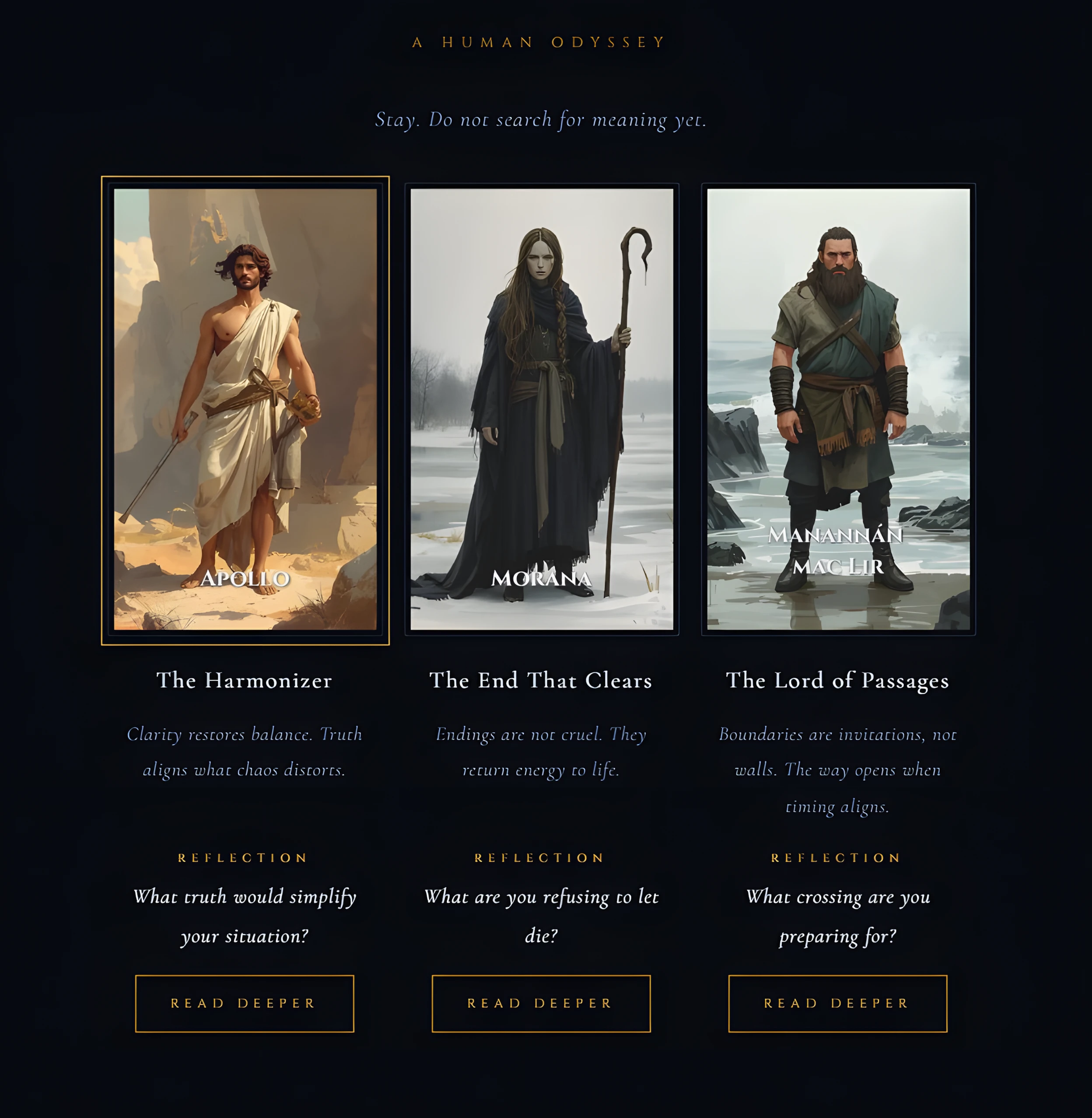 Three revealed presences shown together, each with its own title and reflection